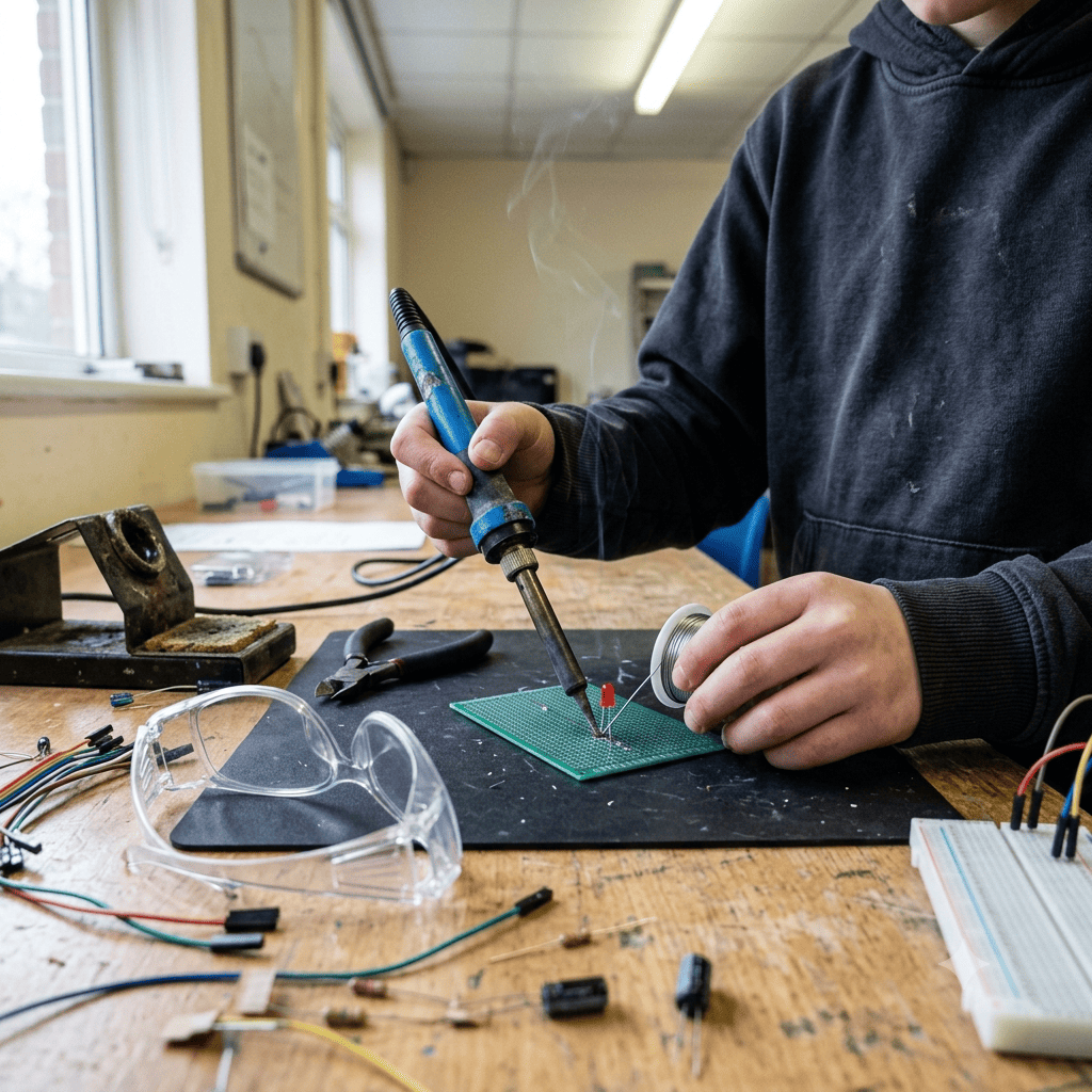 Kind lötet im Technikkurs für Kinder eine LED auf eine Lochrasterplatine