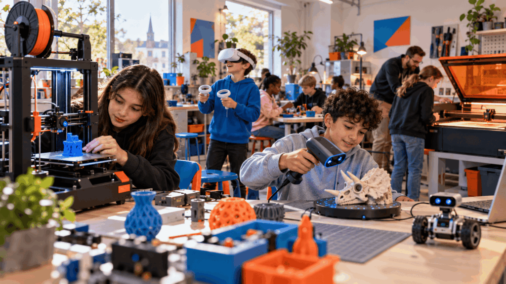 Kinder und Jugendliche probieren beim Techniktag in der TechWerkstatt Setterich 3D-Drucker, VR-Brille, 3D-Scanner und einen kleinen Roboter aus