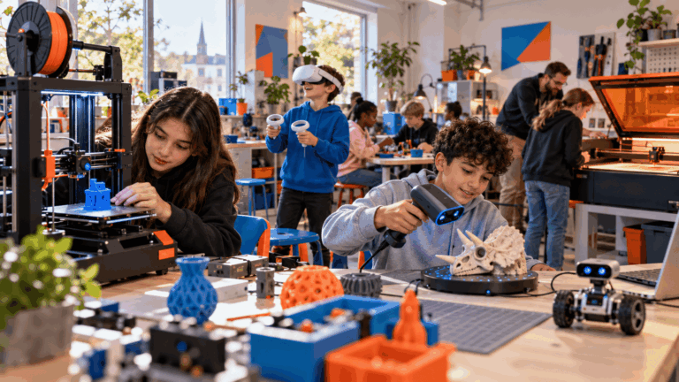 Kinder und Jugendliche probieren beim Techniktag in der TechWerkstatt Setterich 3D-Drucker, VR-Brille, 3D-Scanner und einen kleinen Roboter aus