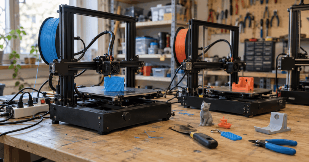 Zwei 3D-Drucker drucken auf einer Werkbank im Makerspace der TechWerkstatt Setterich, daneben fertige Drucke und Werkzeug