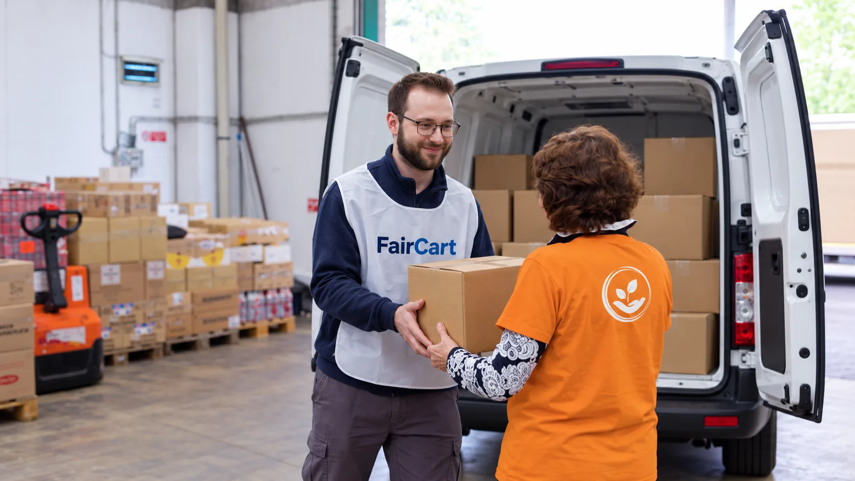 Übergabe eines Kartons mit Sachspenden